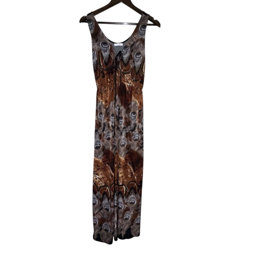 Julia Silk Blend Boho Peacock Feather Maxi Dress Flowing Festival Anthro Vibes - Picture 2 of 7